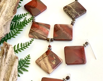 Red Jasper Jewelry Set for Women, Short handmade adjustable real stone necklace with matching short dangle earrings, silver.