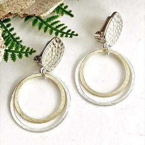 Handmade Gold and Silver Hoop Clip on Earrings for Women, Small, short double hoops dangle from hammered clip backs.  Comfortable unpierced.