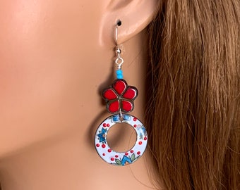 Cute Colorful Floral Hoop Earrings, Long lightweight copper enameled hoops with red Czech glass flowers on sterling silver ear wires.