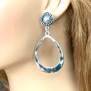 Teardrop Silver Hoop Clip on Earrings for Women, Long Lightweight Clip-on Earrings for Adults, Handmade hammered hoops with silver clips. image 1