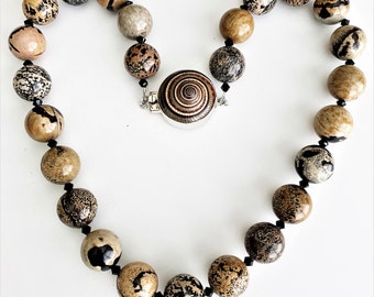 Chunky Stone Necklace Women, Handmade short one of a kind bold Artistic Jasper gemstone necklace in brown, black and beige.