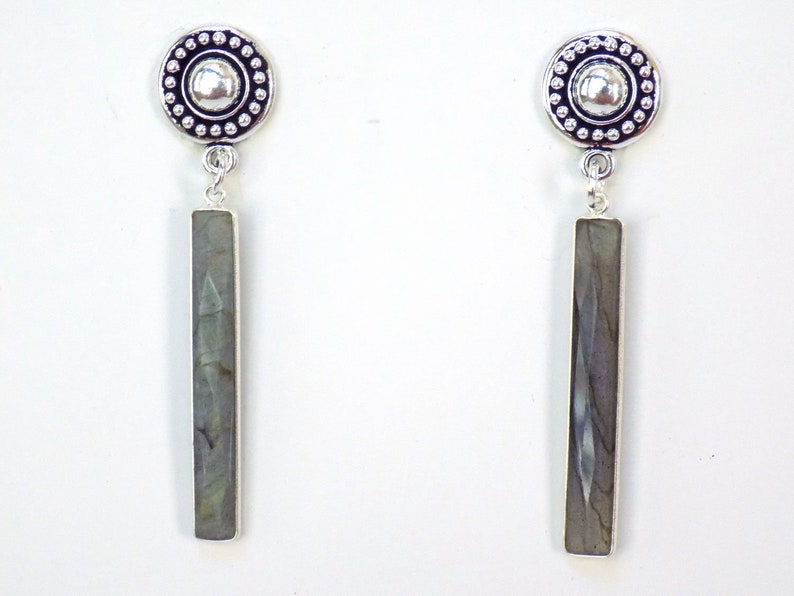 Labradorite Gemstone Jewelry Artisan Made Gift for Her Bar Dangle Clip on Earrings 2.75 Inch