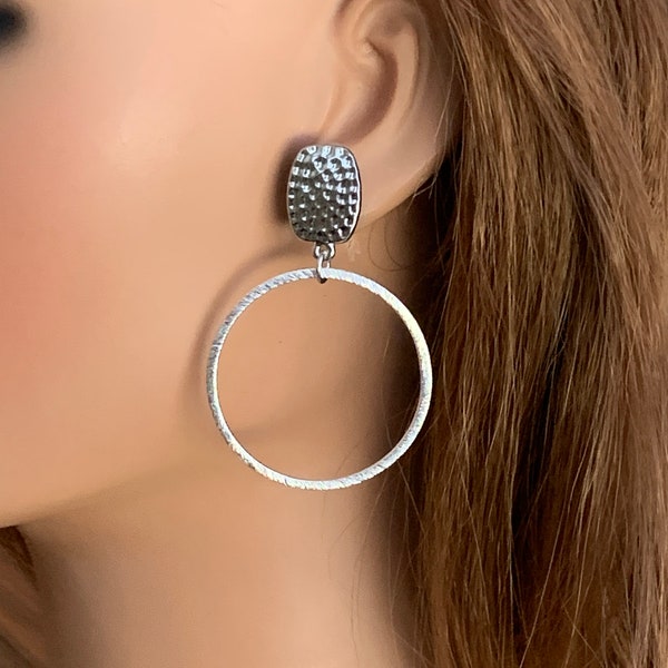 Simple Round Silver Hoop Clip on Earrings for Women, Long Lightweight Clip-on Earrings for Adults, Brushed silverplate unpierced hoops.