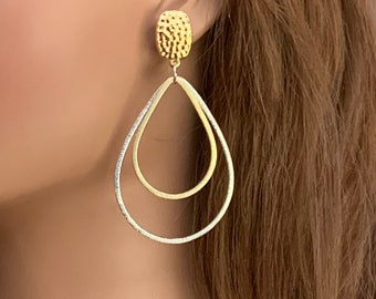 Handmade Double Teardrop Gold and Silver Clip on Earrings for Women, Long Unpierced Hoops Large Dangle Hammered Two Textured
