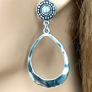 Teardrop Silver Hoop Clip on Earrings for Women, Long Lightweight Clip-on Earrings for Adults, Handmade hammered hoops with silver clips. image 7