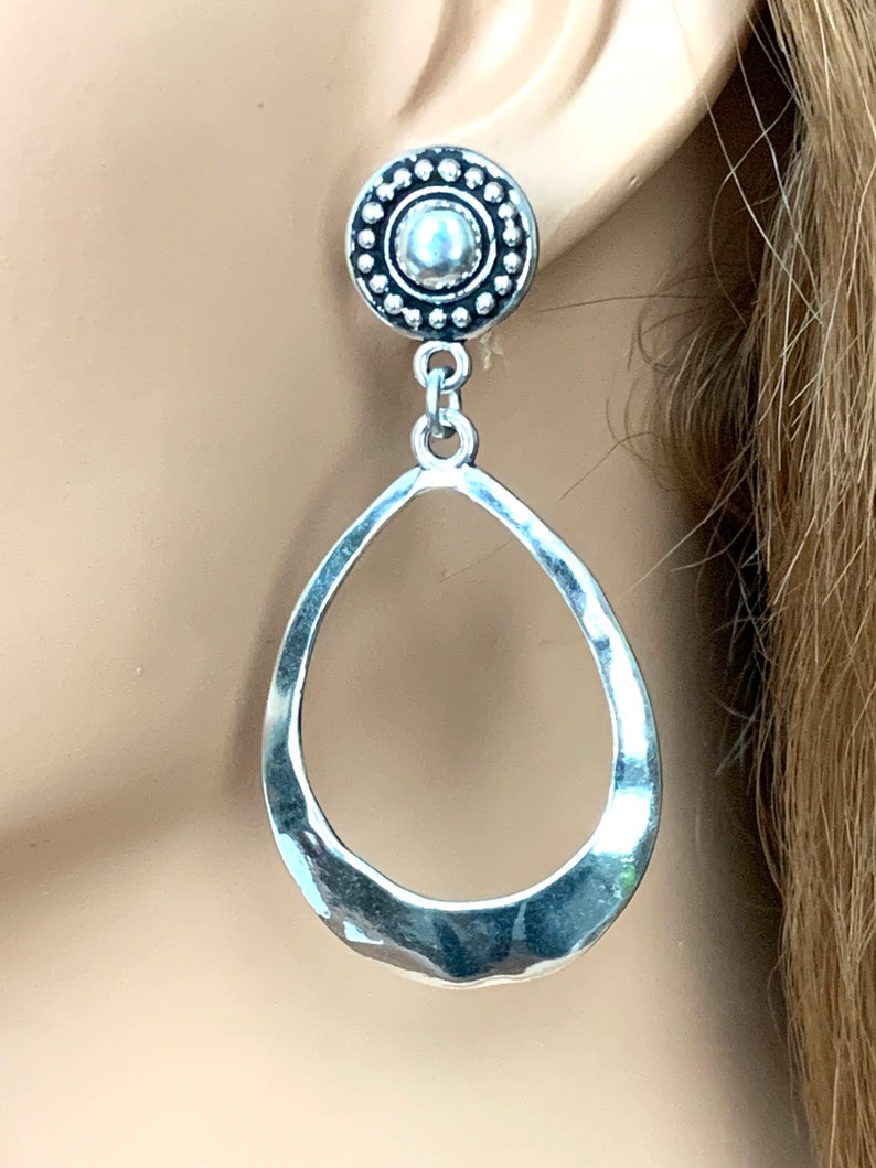 Teardrop Silver Hoop Clip on Earrings for Women, Long Lightweight Clip-on Earrings for Adults, Handmade hammered hoops with silver clips. image 7