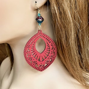 Handmade Magenta Filigree Wood Earrings: Lightweight Statement Jewelry with Sterling Silver Ear Wires