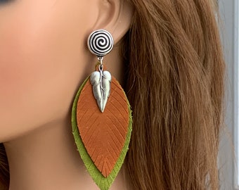 Layered Leather Clip on Earrings for Women, Handmade long lightweight green and orange earrings with silver leaf charm for, unpierced ears.