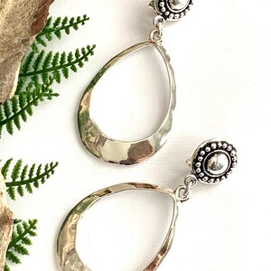 Teardrop Silver Hoop Clip on Earrings for Women, Long Lightweight Clip-on Earrings for Adults, Handmade hammered hoops with silver clips. image 4