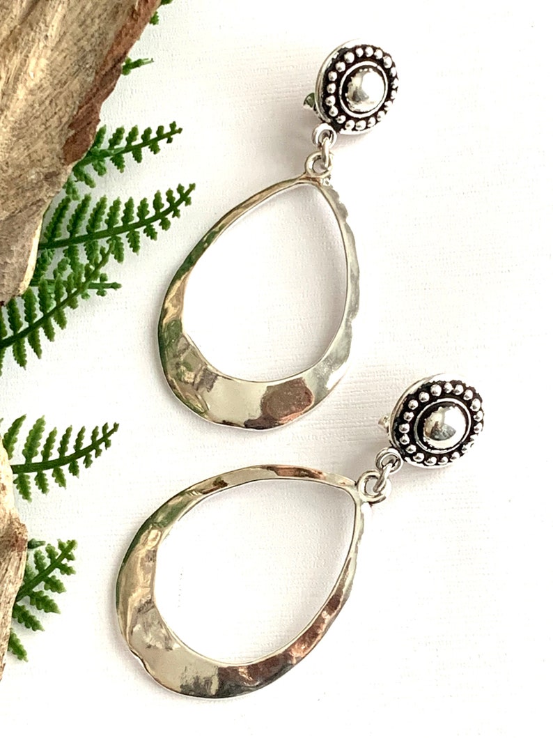 Teardrop Silver Hoop Clip on Earrings for Women, Long Lightweight Clip-on Earrings for Adults, Handmade hammered hoops with silver clips. image 4