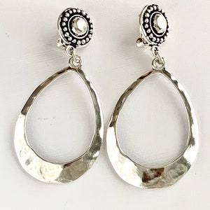 Teardrop Silver Hoop Clip on Earrings for Women, Long Lightweight Clip-on Earrings for Adults, Handmade hammered hoops with silver clips. image 3