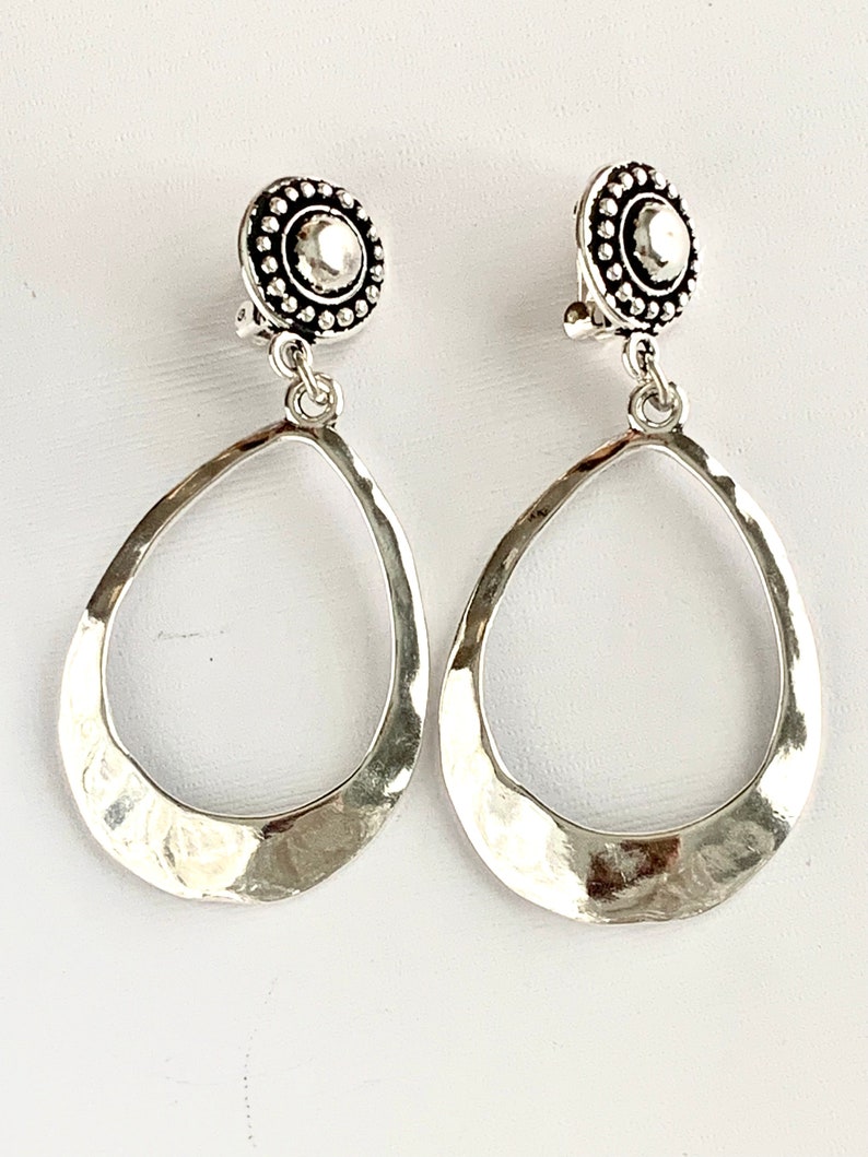 Teardrop Silver Hoop Clip on Earrings for Women, Long Lightweight Clip-on Earrings for Adults, Handmade hammered hoops with silver clips. image 3