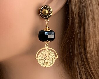 Unique Black Onyx Drop Earrings for Women, Long handmade real stone clip on earrings for non pierced ears, comfortable one of a kind.