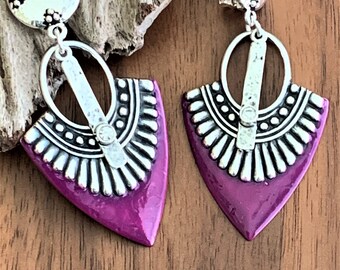 Handmade Purple Enamel Clip on Earrings for Women, Long Unpierced Textured Bar Ornate Comfy Dangle Boho Drop Rhinestone