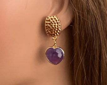 Heart Shaped Amethyst Clip on Earrings for Women, Small short lightweight faceted purple real stone earrings for unpierced ears.