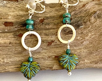 Small Green Leaf Clip on Earrings for Adults, Handmade short silver round hoops with blue-green Czech glass leaves, one of a kind.