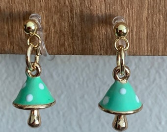 Green Mushroom Earrings for Children, Tiny lightweight metal light green and gold charms invisible clip on earrings for kids, unpierced.