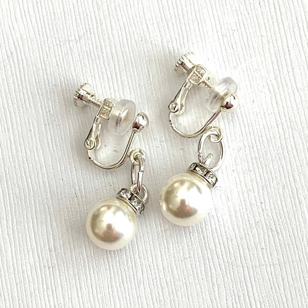 Bridal Clip Earrings for Women, Handmade small short lightweight white glass pearls clear crystal non pierced clip on earrings in silver.