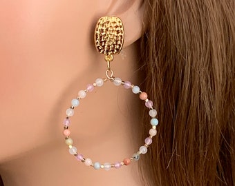 Modern Hoop Earrings for Women, Handmade long pastel beaded hoops on goldplate hammered clip backs for non pierced ears, 43 mm.