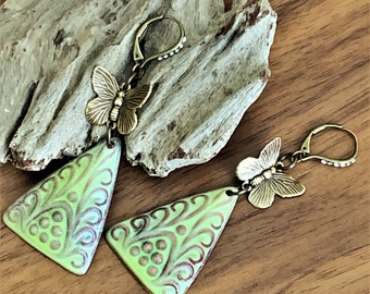 Butterfly Statement Earrings Women, Handmade fancy green copper enamel drops with small brass butterflies on rhinestone leverback ear wires.