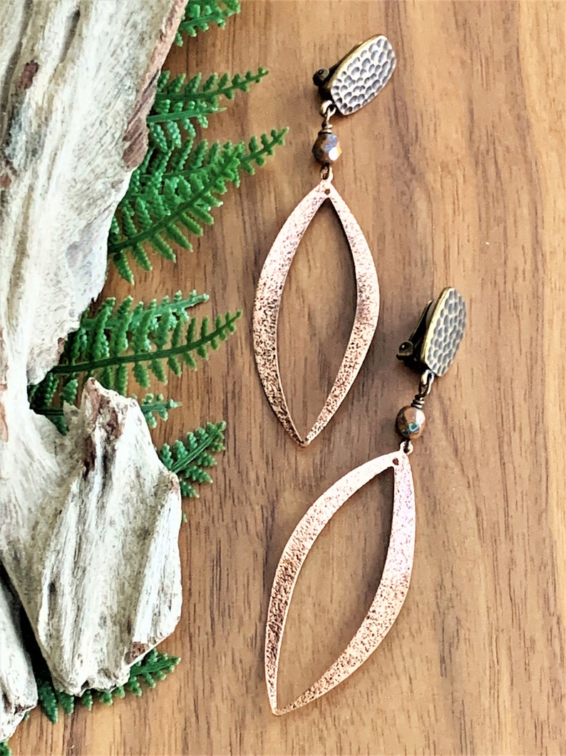 Copper Clip on Earrings for Women Handmade Long Textured Etsy