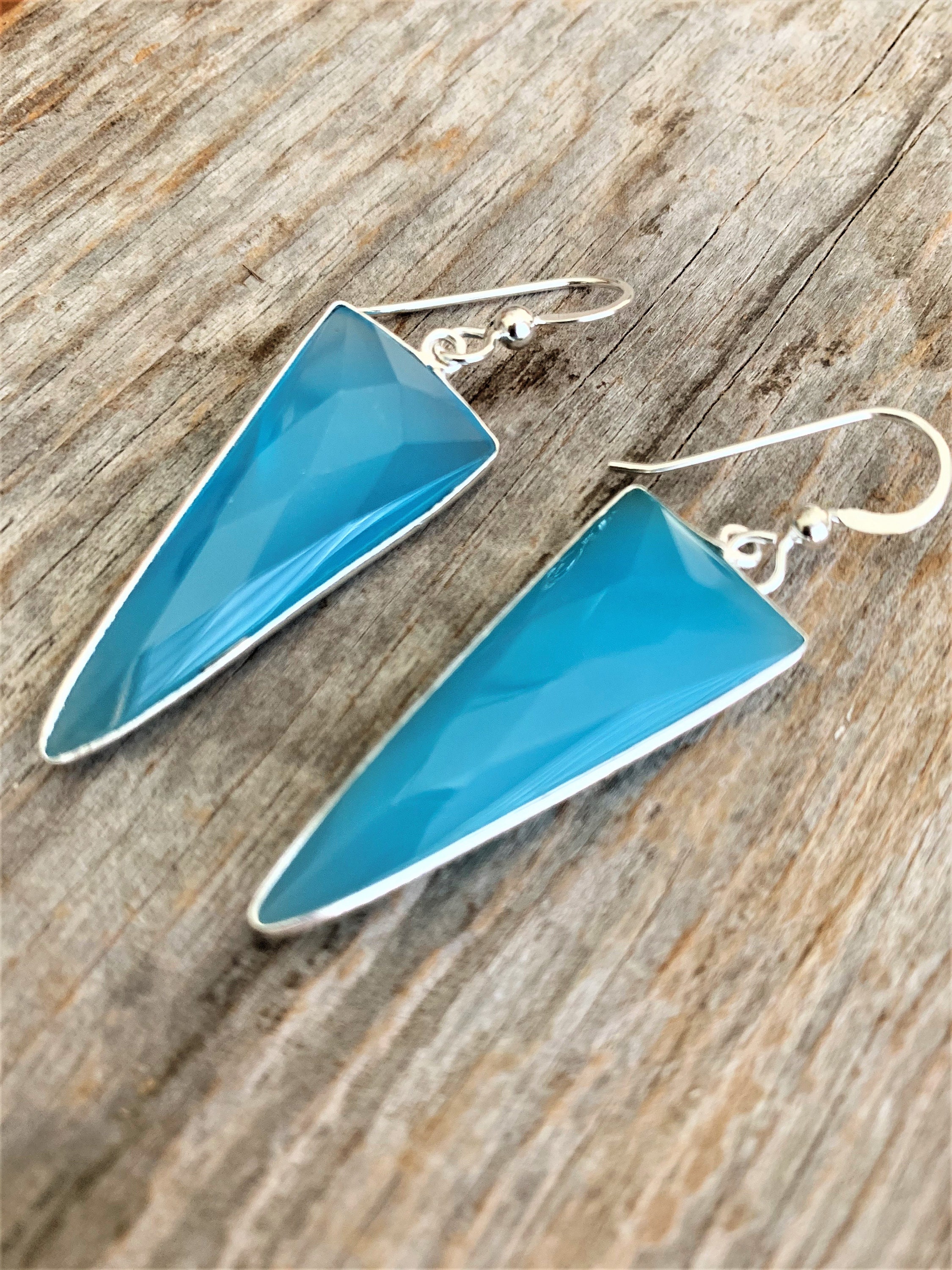 Short Blue Stone Drop Earrings with Sterling Silver Ear Wires Triangle Simple Blue Chalcedony Gemstone Dangle Earrings for Women