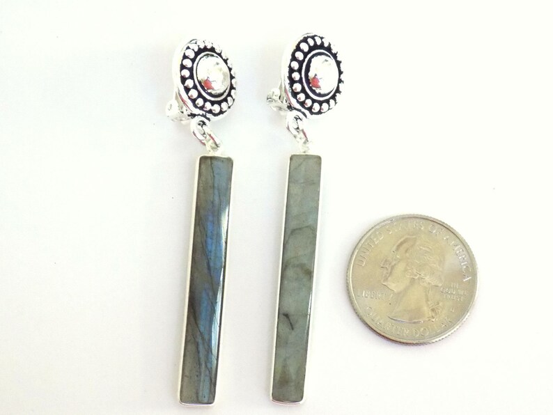 Labradorite Gemstone Jewelry Artisan Made Gift for Her Bar Dangle Clip on Earrings 2.75 Inch