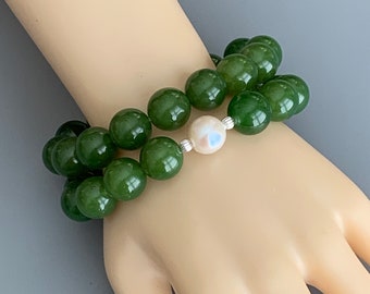 Jade Stretch Bracelet Set for Women, Two handmade stretchy green real gemstone bracelets with white center pearl in one, 8 inch.