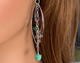 Sterling Silver Chandelier Earrings for Women, Handmade long real multi stone colorful lightweight double hoop dangle earrings.