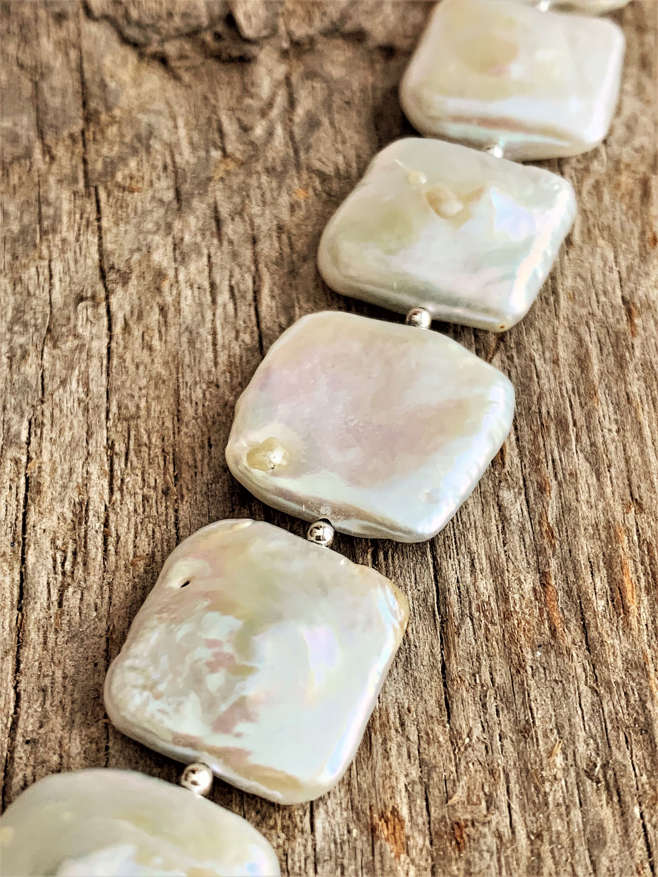 Short White Square Pearl Necklace With Sterling Silver Flower Etsy