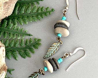 Simple Pebble Earrings for Women, Handmade lightweight short simple stone earrings, beige gray and turquoise with sterling silver ear wires.