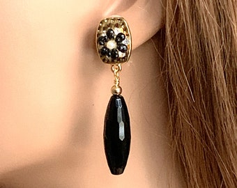 Black Onyx Drop Earrings Women, Handmade long faceted real gemstone one of a kind clip on non pierced with fancy gold floral clip backs.