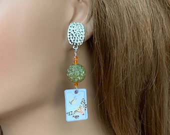 Colorful Butterfly Clip on Earrings for Women, Handmade cute long enameled dangles with green and orange Czech glass, silverplate clips.