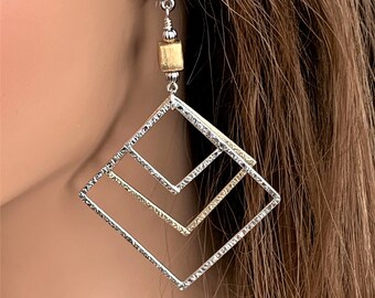 Gold Silver Big Clip on Earrings for Women, Handmade long large lightweight triple square hoops non pierced ear, 4 inch.
