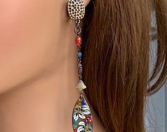 Extra Long Colorful Copper Enamel Clip on Earrings for Women, Handmade lightweight floral one of a kind unpierced dangle earrings.