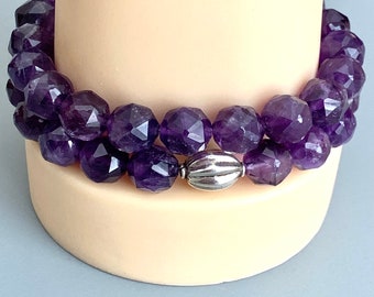 Amethyst Stretch Bracelet Set for Women, Two handmade purple real gemstone stretchy bracelets, one with silver center bead, 8 inch.