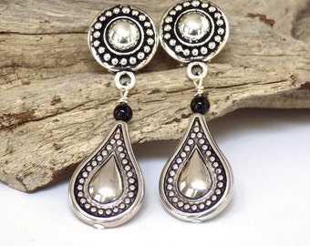 Silver Teardrop Clip on Earrings Dangle, 2 Inch, Black Onyx Gemstone Jewelry, Artisan Made Gift for Her, Unpierced Ears Handmade Small