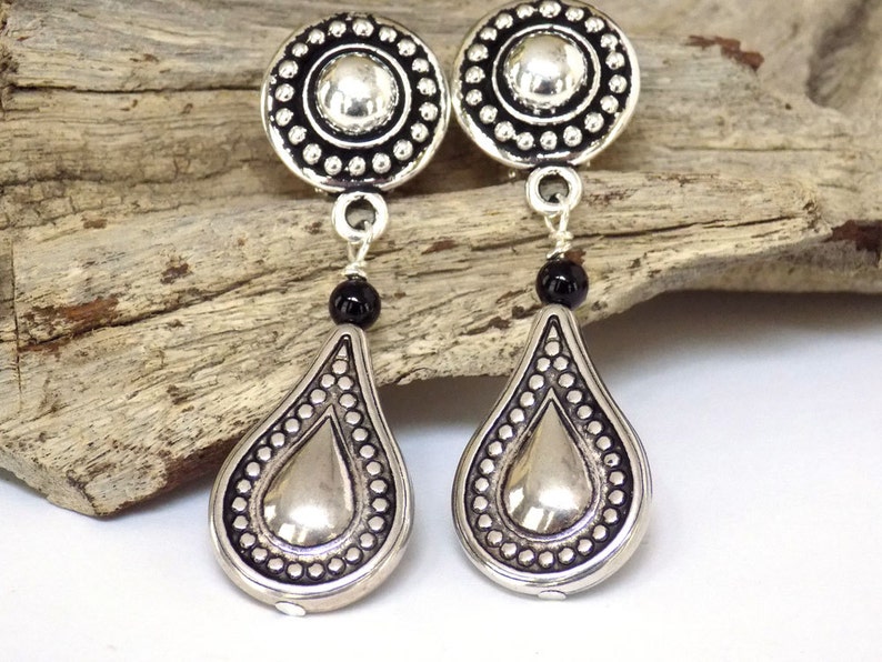 Silver Teardrop Clip on Earrings Dangle 2 Inch Black Onyx Etsy