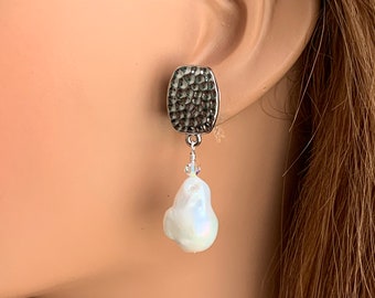 White Real Pearl Earrings, Handmade baroque irregular genuine pearl short drop clip on earrings for women with non pierced ears..