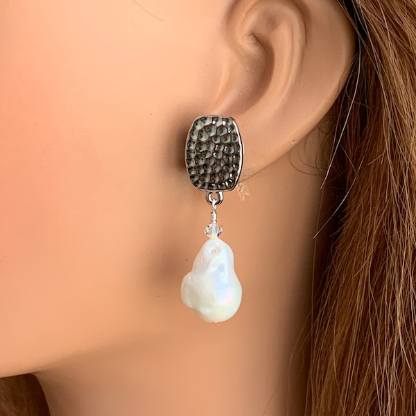 White Real Pearl Earrings, Handmade baroque irregular genuine pearl short drop clip on earrings for women with non pierced ears..