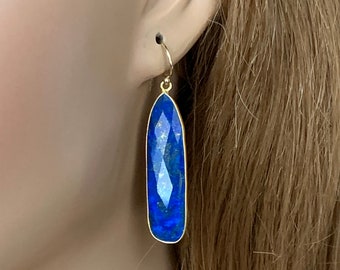 Dangle Earrings Women Long, Lapis Lazuli pear shaped bar earrings handmade lightweight faceted blue stone bezel set pierced, gold filled.