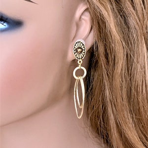 Golden Hoop Earrings for Women, Handmade long lightweight double marquise brushed goldplate hoop clip on earrings.
