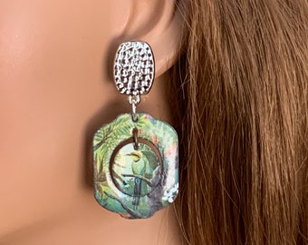 Tropical Bird Copper Enamel Clip on Earrings for Women, Handmade short lightweight green and white exotic unpierced earrings, silver clips.