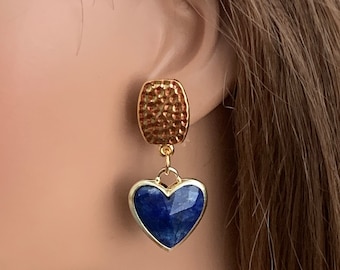 Heart Shaped Lapis Lazuli Clip on Earrings for Women, Short lightweight blue real stone earrings for unpierced ears, goldplate.