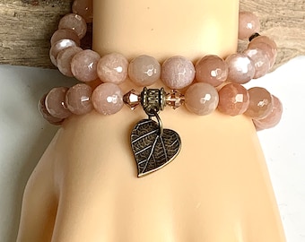 Blush Sunstone Bracelet Set for Women, Stretchy Gemstone Bracelets, Two handmade real stone bracelets with bronze heart shaped leaf charm.
