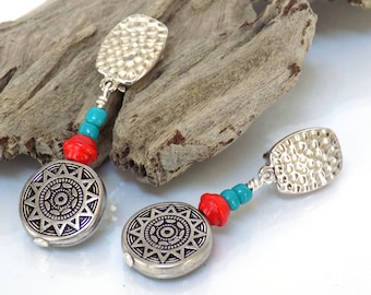 Southwest Style Earrings Handmade, Small handmade silverplate clip on earrings for women with non pierced ears, red and blue wooden beads.