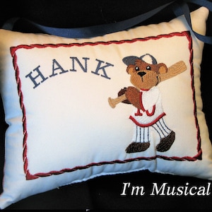 Baseball Bear Music Box Pillow -- Personalized Embroidered MUSICAL Baby Keepsake