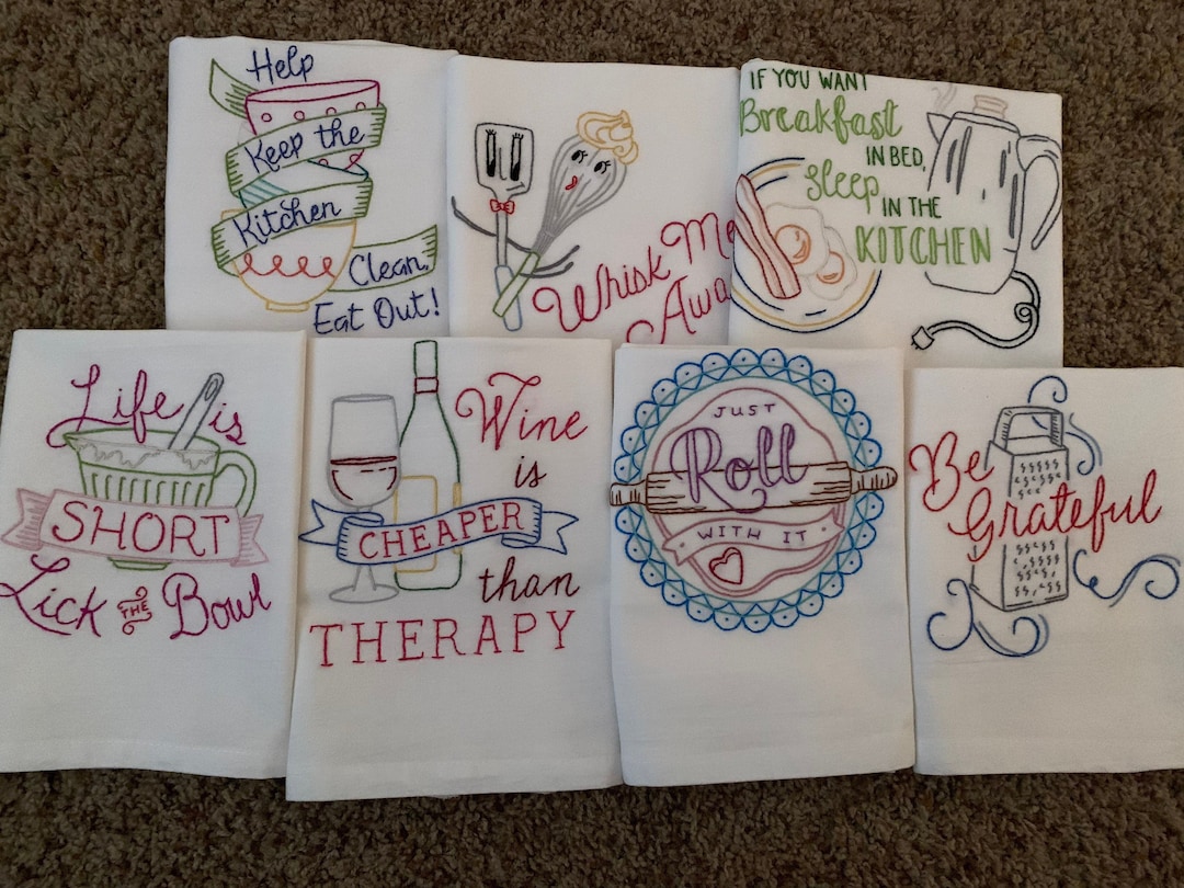 Set of 7 Hand Embroidered Kitchen Towels With KITCHEN Theme. Dish