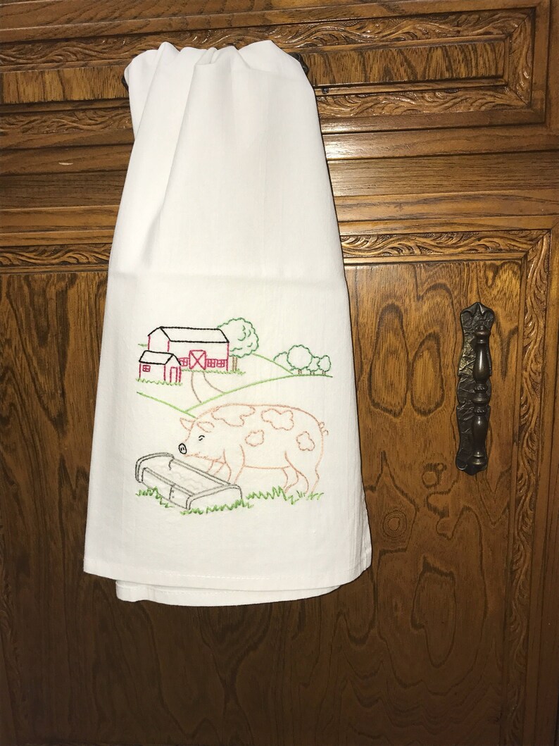 Set of 7 Hand Embroidered Kitchen Flour Sack Tea Towels With Farm