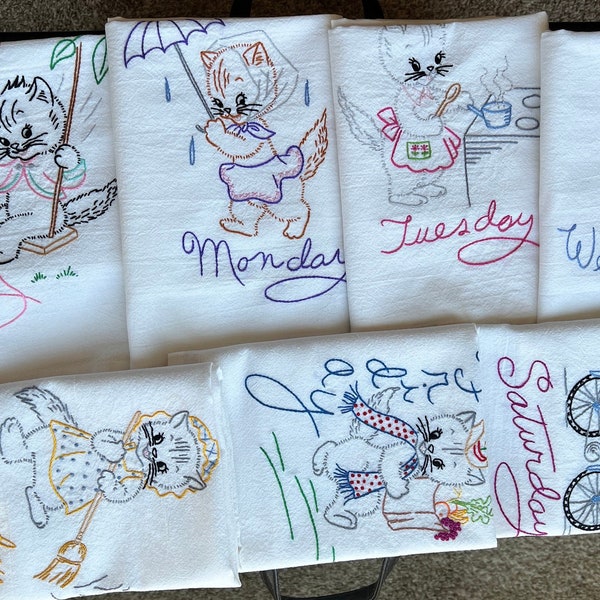 Set of 7 Hand Embroidered Kitchen Towels with Cats or Kittens theme. Flour sack, tea towel, Dish Drying, Quality vintage Towel.